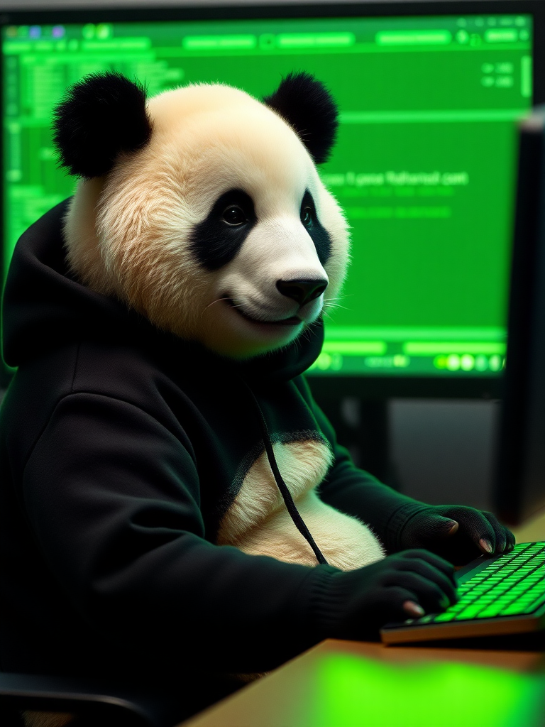 A photo realistic picture of a panda bear sitting in front of a computer. The panda is wearing a black hoodie. The computer screen emanates green light.