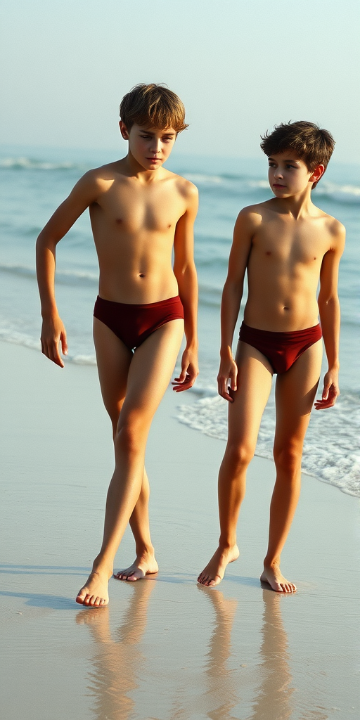 Two 13yo teen boys, wearing tight narrow speedo, long legs, narrow thighs. Beach. full-length view. 1980s. photorealistic, ultra high resolution, 16K, Negative: grainy, blurry, bad anatomy, extra limbs, watermark.