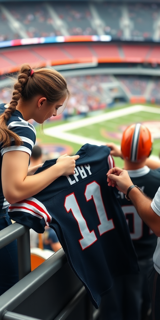 Attractive female NFL fan, pigtail hair, leaning forward over first row stadium barrier, giving a spare jersey to player, player signs it.