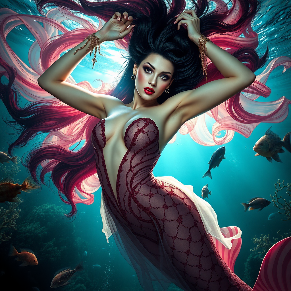 Vampirella as a mermaid underwater amazing loose flowing hair floating in a nimbus around her beautiful face her arms outstretched languidly over her head. she's looking down into the viewer's eyes making intense eye contact. loose fitting diaphanous. Burlesque. Stunning undersea life details plants and fish and other creatures of the sea. Powerful three dimensional graphic effects. Amazing HD DSLR photographic output.