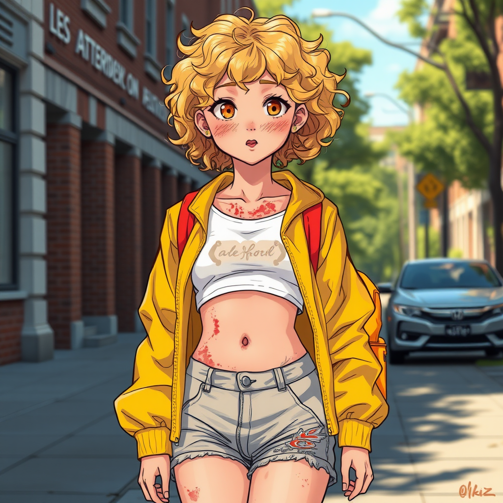 Realistic drawing style image, Extremely good quality 8k resolution drawn manga image of a 15 year old petite and short tomboy girl with golden blonde curly hair with mixed and different colored eyes for each eye and moles on her entire body and is a white American girl, Has on a Gold Jacket over a white extremely short crop top only covering her breasts and nothing more with a design on it, and has on ripped shorts and cool looking sneakers and a deep and big knife cut wound on her stomach from a huge injury she had, with a bright color backpack, ear piercings on, walking on the street to school in the morning with the beautiful sunlight lighting up her body beautifully with no tattoos.