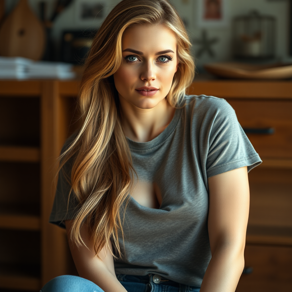 RAW Photo, DSLR, professional color graded BREAK, casual, extremely detailed face Scarlett johanson, full detailed body, beautiful body, fit body, extremely detailed eyes, extremely detailed hair, blonde, (detailed big breast, gravity rounded boobs), (perfect hips, rounded hips, big hips), perfect legs, epic photograph, highly detailed, 8k, Sony A7, ektachrome detailed, natural light, cinematic composition, blue jeans, long hair, t shirt