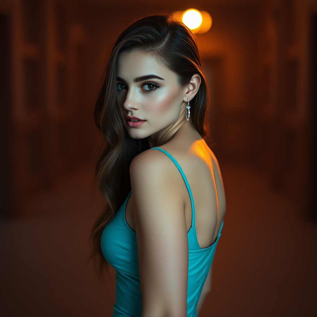 Portrait of a pretty woman in a tight turquoise dress, real, film set, 85mm lens, Cinematic, Color Grading, Editorial Photography, Photography, shot on CANON R5, 85mm lens, Photoshoot, Depth of Field, DOF, Tilt Blur, Shutter Speed 1/100, F/8, White Balance, 32k, Super-Resolution, Megapixel, ProPhoto RGB, VR, tall, epic, artgerm, alex ross, Halfrear Lighting, Backlight, Natural Lighting, Incandescent, Optical Fiber, Moody Lighting, Cinematic Lighting, Studio Lighting, Soft Lighting, Volumetric, dark Lighting, Accent Lighting, Global Illumination, Screen Space Global Illumination, Ray Tracing Global Illumination, Red Rim light, cool color grading 45%, Optics, lightroom, Scattering, Glowing, Shadows, Rough, Shimmering, Ray Tracing Reflections, Lumen Reflections, Screen Space Reflections, Diffraction Grading, Chromatic Aberration, GB Displacement, Scan Lines, Ray Traced, Ray Tracing Ambient Occlusion, Anti-Aliasing, FKAA, TXAA, RTX, SSAO, Shaders, OpenGL-Shaders, GLSL-Shaders, Post Processing, Post-Production, Cel Shading, Tone Mapping, CGI, VFX, SFX, insanely detailed and intricate, hypermaximalist, elegant, hyper realistic, super detailed, dynamic pose, centered, photography, ultra hd --ar 2:3 --v 4