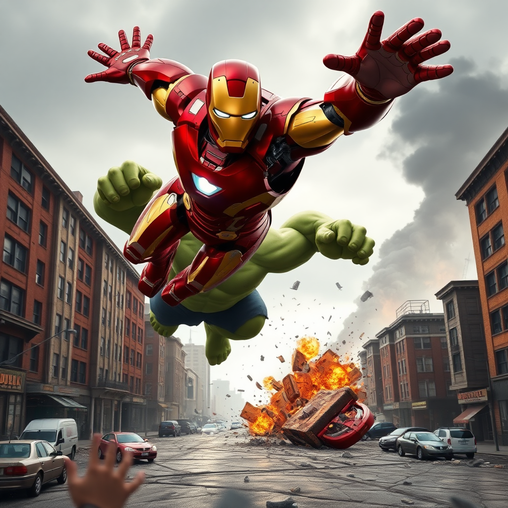 An intense and dynamic scene of Iron Man in his full red and gold armor, flying mid-air and firing repulsor blasts at the Hulk. The Hulk, massive and green with bulging muscles, roars as he charges toward Iron Man, smashing the ground with his fists, sending debris flying. The setting is a city in chaos, with destroyed buildings, cracked streets, and cars overturned. The sky is cloudy, and smoke rises from the destruction. The tension between technology and brute strength is palpable, as Iron Man’s sleek, high-tech suit clashes against the raw power of the Hulk. The atmosphere is charged with energy, reflecting the fierce battle between these two titans.