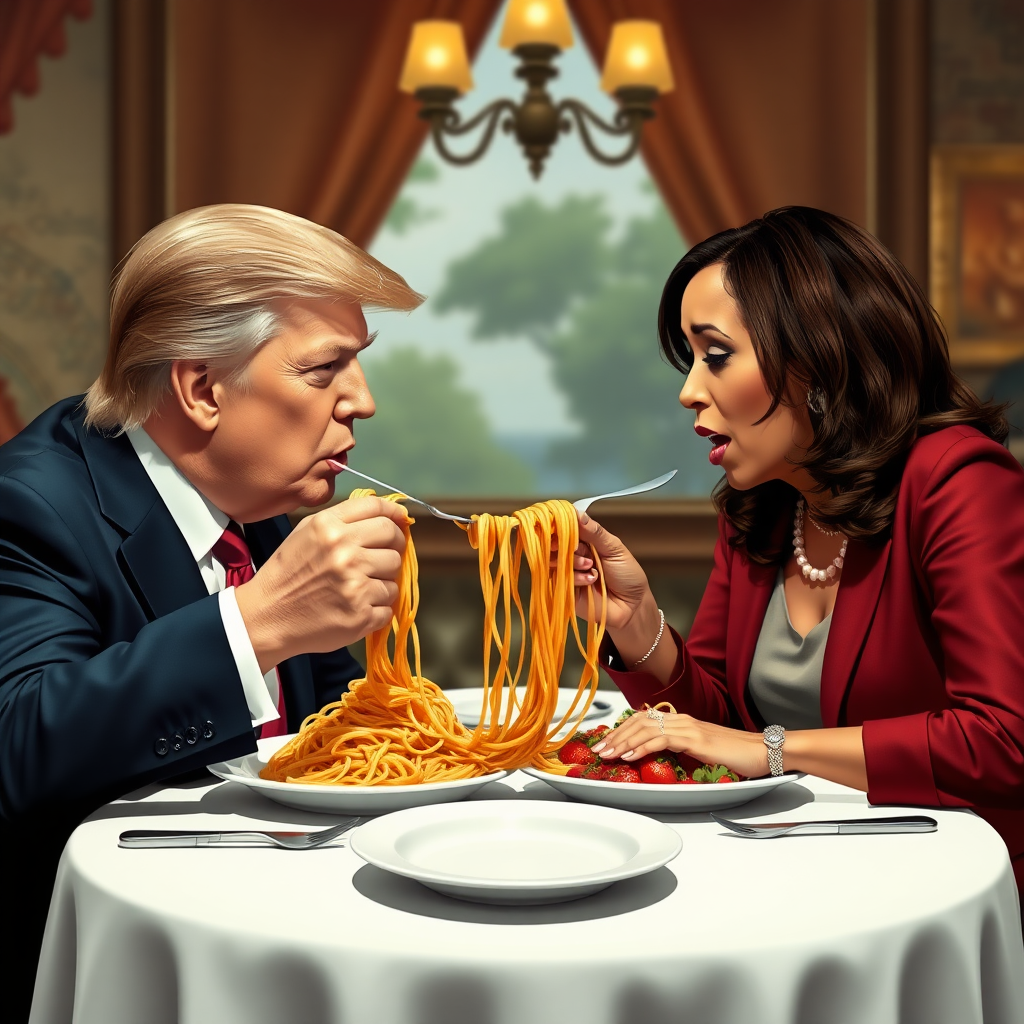 Photoreal style. Donald Trump and Kamala Harris eating in an Italian restaurant a la the one in 'Lady and the Tramp.' Both humans are eating spaghetti from the same plate, and like in the movie, they end up eating the same strand of pasta, making their heads close to each other.