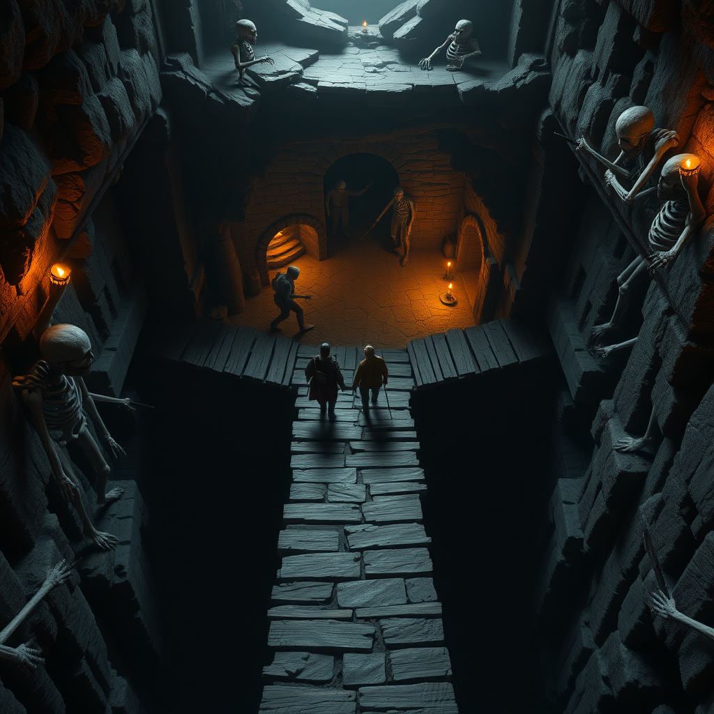 A dungeon crypt seen from above, a wooden bridge across a wide chasm, and the stone floor leading to a room with shambling zombies. Torches light up the place, and a group of adventurers cautiously walk across the bridge with weapons drawn. Photorealistic digital matte painting. skeletons are animating around them.