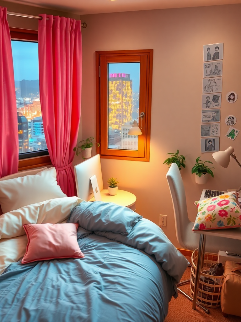 Cozy little house: pink curtains, soft bedding, white computer, wooden window frame, city night view, warm lighting, blue bedspread, metal computer stand, beige walls, green plants, comfortable pillows, tall building lights, minimalist desk, round window, cartoon stickers, warm bedding, glass tabletop, modern skyscraper, fresh floral scent, vintage lamp, soft carpet, colorful throw pillows, golden sunlight, pure white sheets, real, reality.