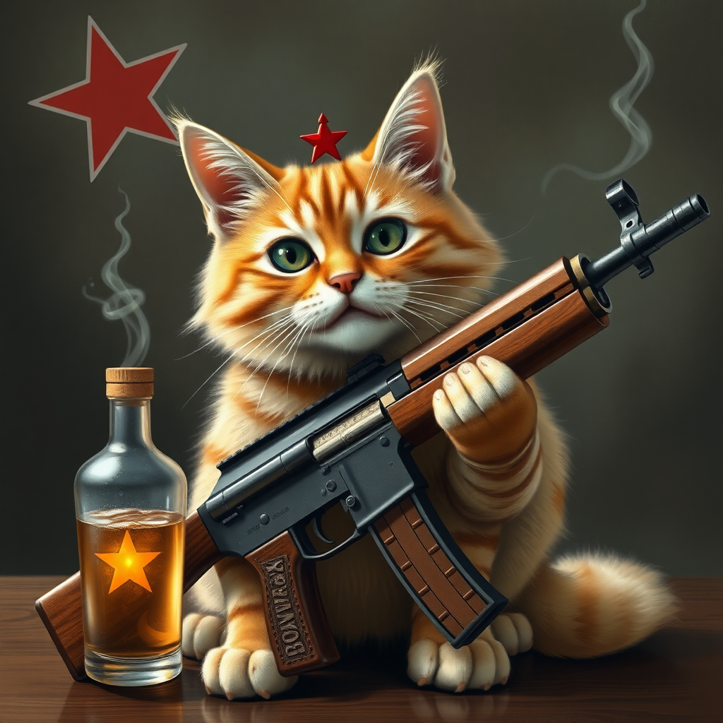 Soviet communist cat with an AK-47 and vodka