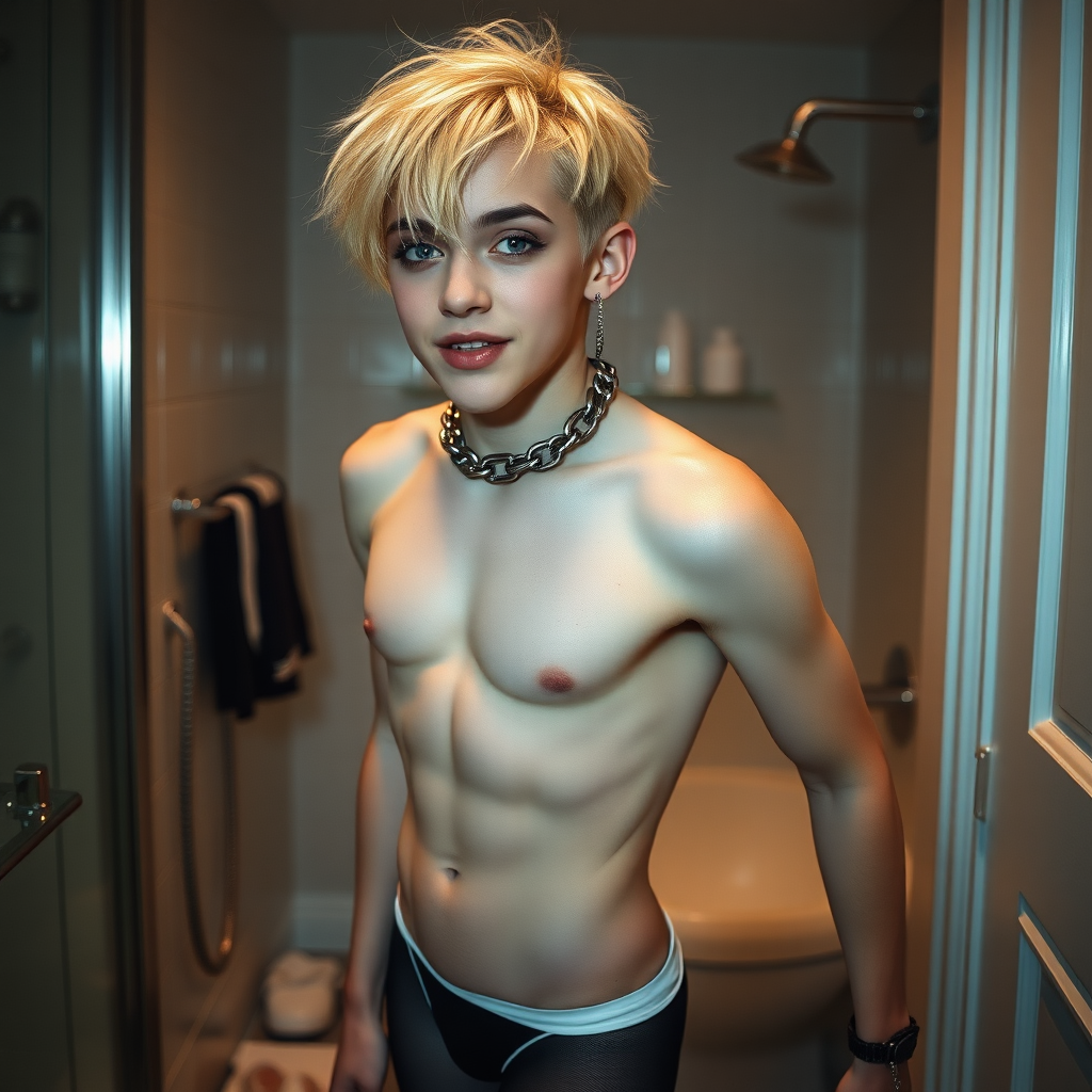 photorealistic, ultra high resolution, 16K, surreal fantasy, studio lighting, a pretty 14 year old goth boy, slim male physique, short blonde hair, goth makeup, earrings, spikey chain and leash, pantyhose, white ballet shoes, in the bathroom, excited smile, facing the camera.