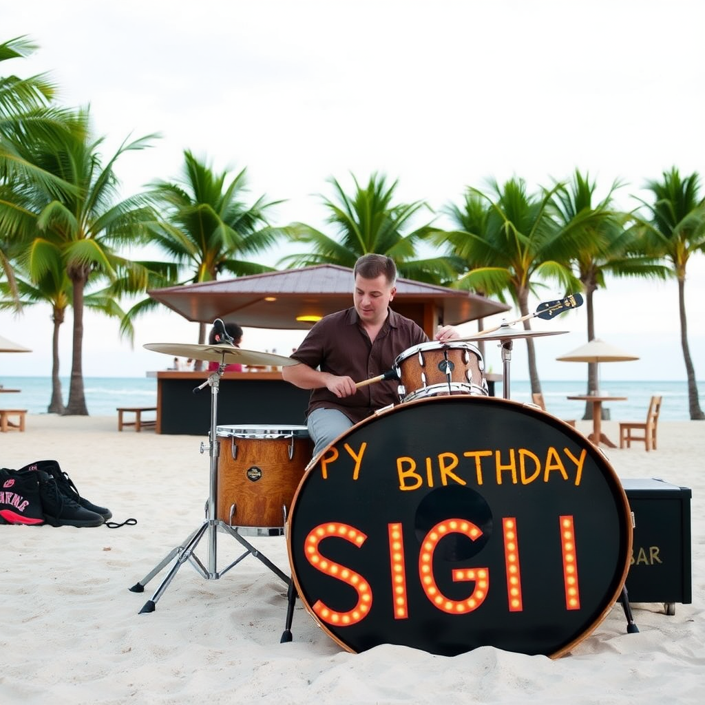 Simon Phillips sitting on drumset on beach with palms and bar, bass drum spelling the words "Happy Birthday Sigi."