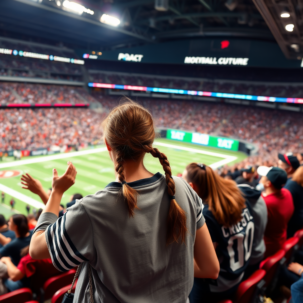 Attractive female NFL fan, pigtail hair, cheering with friends, inside crowded bleachers, NFL stadium