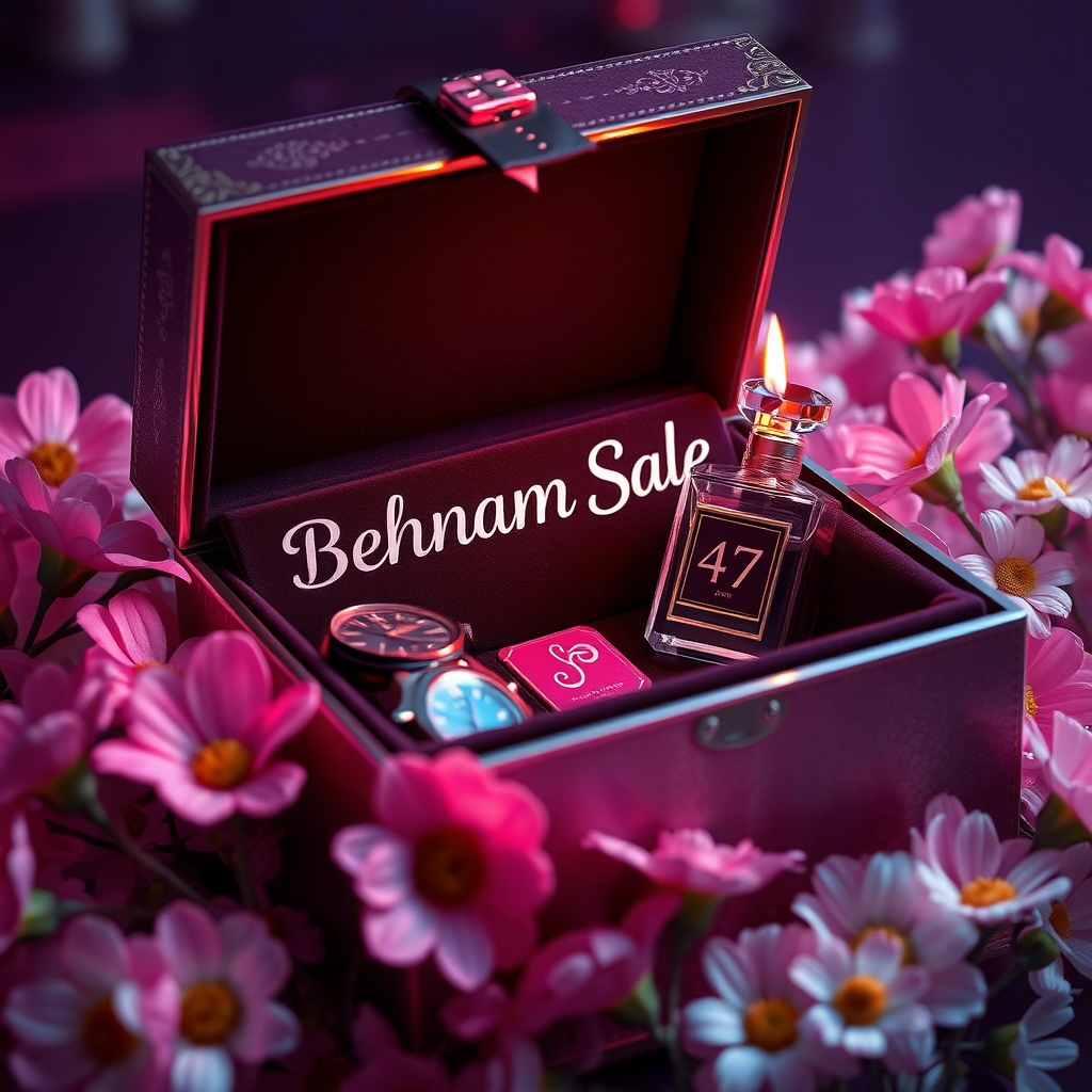 ### **Title:**
**"Behnam Saleh's Exquisite Birthday Gift"**

### **Artistic Vision:**
Create a mesmerizing digital art masterpiece that seamlessly blends hyper-realistic detail with a vibrant, cinematic atmosphere. The artwork should evoke a lasting emotional impact, inviting viewers to explore themes such as the delicate balance between luxury and personalization, and the joy of gifting. This piece aims to captivate audiences with its elegance, sophistication, and profound symbolic resonance, making it the perfect visual representation of a memorable birthday present.

### **Scene Description:**
Depict an exquisitely crafted gift box adorned with intricate detailing, prominently featuring the name "Behnam Saleh" in a sleek, modern font. The box should appear partially open, revealing a collection of luxurious and personalized items inside, including a high-end watch, an elegant eau de parfum bottle, and a small, beautifully decorated birthday cake with a lit candle displaying the number **47**. Surround the box with delicate pink primroses and daisies, creating a striking contrast against the box's dark, velvety interior. Ensure that the additional elements are thoughtfully arranged to maintain a clean and uncluttered scene while enhancing the overall sophistication and allure. Employ hyper-realistic rendering techniques to add depth and dimension. Embrace a neon-infused, dark fantasy aesthetic to create a visually stunning and emotionally evocative scene.

### **Key Artistic Elements:**
- **Lighting & Atmosphere:** Utilize neon lighting to create a cinematic and conceptual ambiance, blending vibrant colors with dark fantasy elements.
- **Color Contrast:** Achieve a stunning contrast between the bright pink flowers and the dark interior, emphasizing the focal points.
- **Textures:** Incorporate varied textures, from the sleek surfaces of the luxury items and the smooth glass of the eau de parfum to the intricate detailing of the gift box and the delicate icing on the birthday cake, enhancing tactile realism.
- **Composition:** Employ off-center placement for the box and its contents to guide the viewer's eye through the scene, balancing intimate close-ups with the broader setting. Ensure that the watch, eau de parfum, and birthday cake are harmoniously arranged to avoid clutter while highlighting each item’s elegance.
- **Symbolism:** Infuse the artwork with subtle symbolic motifs that provoke contemplation on themes like the joy of giving, the value of meaningful gifts, and the personalization of luxury.

### **Technical and Artistic Specifications:**

- **Resolution & Display:**
  - Render in stunning **8K UHD** resolution, ensuring crisp detail and vibrant colors suitable for high-profile platforms like ArtStation and Behance.

- **Digital Art Techniques:**
  - Utilize advanced software such as **Corel Painter**, **ZBrush**, and **Adobe Photoshop** to achieve exceptional 3D volume, precise shading, and ultra-fine detailing.

- **Materials & Textures:**
  - Incorporate high-quality digital pigments, metallic flakes, and glass bead effects to ensure textures appear vibrant and dynamic under various lighting conditions.

- **Lighting & Depth:**
  - Implement a tranquil chiaroscuro effect with a subtle interplay of light and shadow, enhancing depth and clarity.
  - Use soft, delicate colors complemented by nuanced shades of grey, black, and white to add depth without overwhelming the scene.

- **Rendering Quality:**
  - Apply advanced rendering techniques and 3D volumetric effects for unparalleled detail and sharpness.
  - Include hyper-realistic pencil sketch textures to emphasize intricate details.

- **Composition & Focus:**
  - Emphasize gentle, lifelike depth and striking details with a cinematic close-up approach.
  - Use a balanced **f/11 aperture** and a raw photographic style with advanced v6 enhancements to render vivid colors and minute details at an unparalleled level of realism.

- **Overall Harmony:**
  - Achieve maximum harmony across all elements, resulting in a balanced and cohesive composition that captivates both technically and emotionally.

### **Additional Elements to Include:**
- **Symbolism:** Integrate subtle gestures, expressions, or symbolic motifs to add deeper emotional resonance, encouraging viewers to reflect on the depicted themes.
- **Detailing:** Ensure impeccable draughtsmanship with flawless precision in the luxury items, botanical accuracy in the primroses and daisies, and intricate decoration on the birthday cake.
- **Lighting Effects:** Utilize the interplay of light and shadow to evoke lifelike realism and enhance the dreamlike atmosphere.
- **3D Volumetric Effects:** Add depth and spatial qualities to create a more immersive visual experience.
- **Hyper-Realistic Textures:** Ensure all textures appear tactile and vibrant, enhancing the overall realism of the artwork.

### **Final Outcome:**
The final artwork should be a compelling masterpiece that captivates viewers, encouraging them to pause and reflect long after experiencing it. It should demonstrate peerless technical mastery combined with a profound artistic vision, affirming art's vital role in cultural and intellectual life. The signature on the piece should signify its stature, standing proudly alongside works by history’s masters.