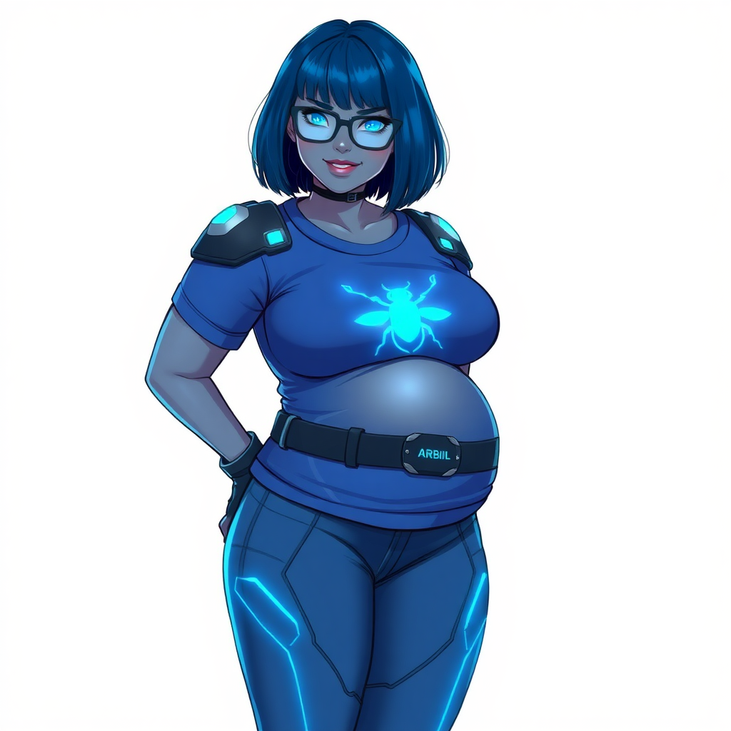 A 28-year-old, full-figured, middle gray skinned computer program hybrid with a maximum blue bob cut. She has a non-athletic build, highlighted by a prominent, round, large midsection (with emphasis on her belly), which shows the aftermath of her pampering. As the heavily pampered digital sidekick to her cyberpunk vigilante boyfriend, her middle gray metallic skin and maximum blue lipstick emphasize her digital nature. She wears a digital, computerized costume inspired by DC’s Carrie Kelly Robin, consisting of a huge, tight-fitting, maximum blue t-shirt with a neon blue glowing chest icon of a beetle, hi-tech shoulder pads with neon blue accents, a black hi-tech belt with a digital neon blue glowing buckle, digital maximum blue biker pants with neon blue accents, and black hi-tech fingerless biker gloves with neon blue glowing accents. Her neon blue glowing eyes, black eyeglasses with a neon blue glowing HUD built into the lenses, and shy smile with neon red blush accentuate her nerdiness. She stands bashfully with one hand behind her back and the other hand gently touching her cheek, her costume covering all her skin and emphasizing her full-figured physique (especially her belly). She is clearly non-athletic, with a focus on her full-figured physique. Despite her build, she radiates beauty. She has a slim face compared to her physique, accentuating her radiant beauty. She is on a solid white background. She is drawn as if she were in a retro 2D cyberpunk fighting game.