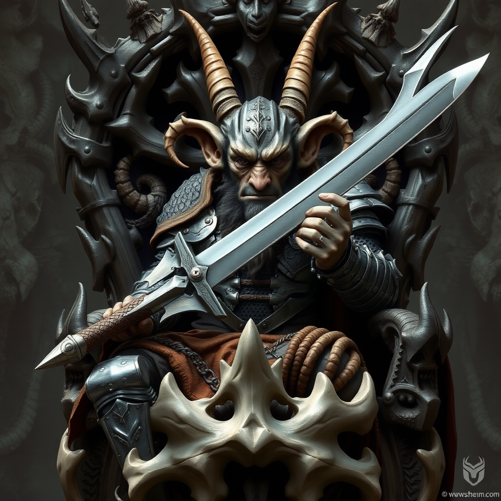 Fantasy style, Hobgoblin (Dungeons and Dragons 5th edition, around 30 years charismatic, wearing chainmail and a broadsword, one blade only). He is sitting on a bone throne, photorealistic.