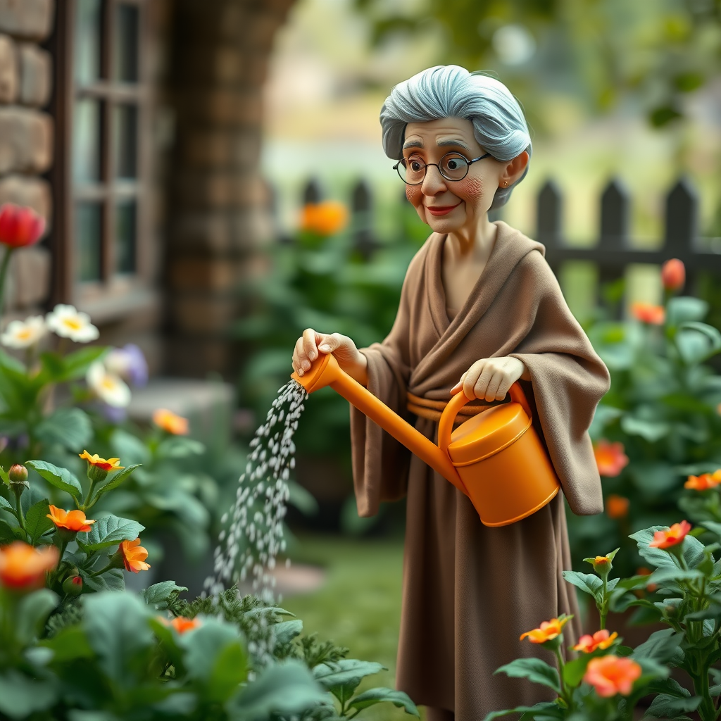 Claymation scene. A medium wide shot of an elderly woman. She is wearing flowing clothing. She is standing in a lush garden watering the plants with an orange watering can.