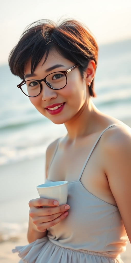 A Chinese woman, wearing glasses, with short hair, gentle and generous, slightly plump, full thighs, full hips, A cup, sunshine, beach, sea, full body shot.