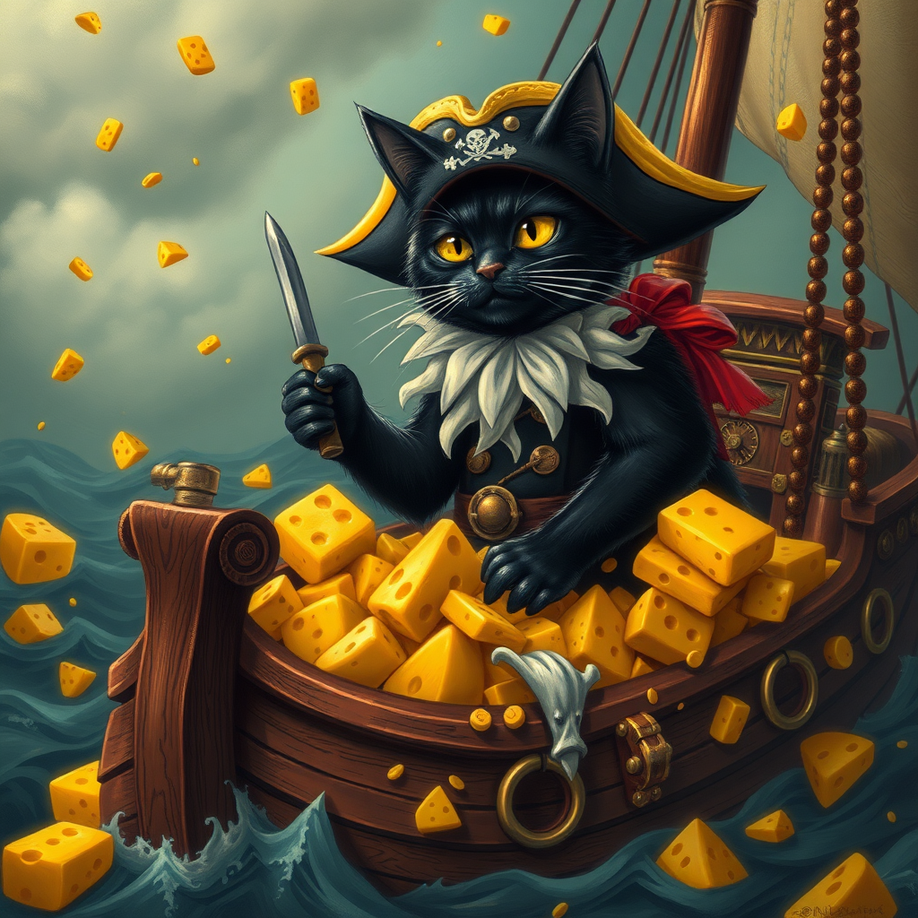 Black cat pirate Captain with treasure cheese filled with cheese on a pirate ship in a sea of cheese, steampunk