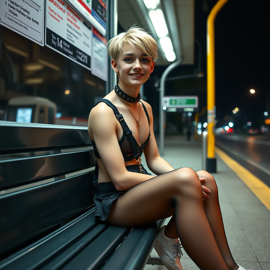 photorealistic, ultra high resolution, 16K, surreal fantasy, studio lighting, a pretty 16 year old goth boy, slim male physique, short blonde hair, goth makeup, earrings, pantyhose, harness, spikey dog collar and leash, trainer-bra, white ballet shoes, sitting on a bench at the bus stop, excited smile, facing the camera.