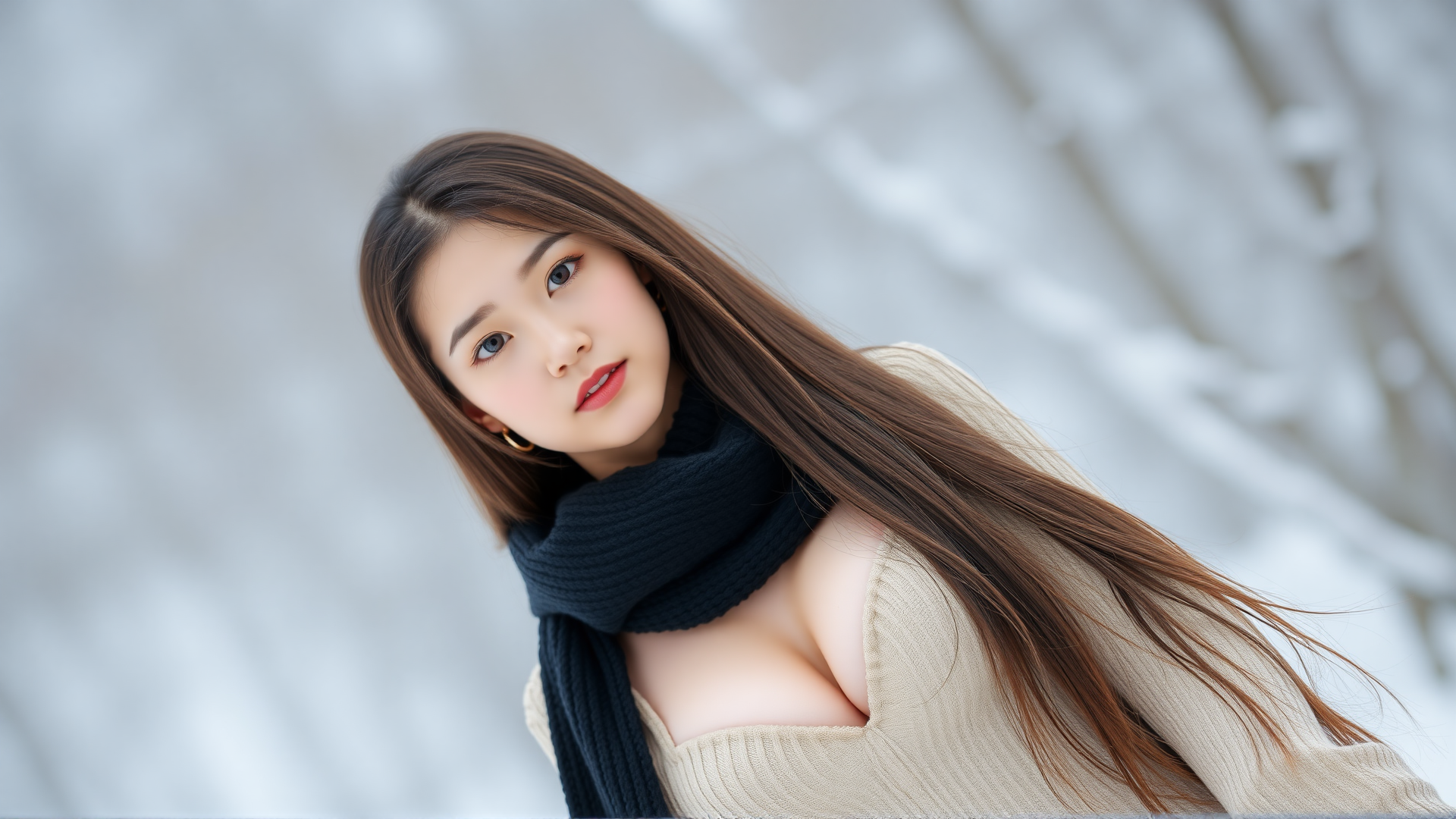 photo, japanese beautiful young girl, huge breasts, slim, white skin, 18 years old, full body, sexy, outdoor, snow,