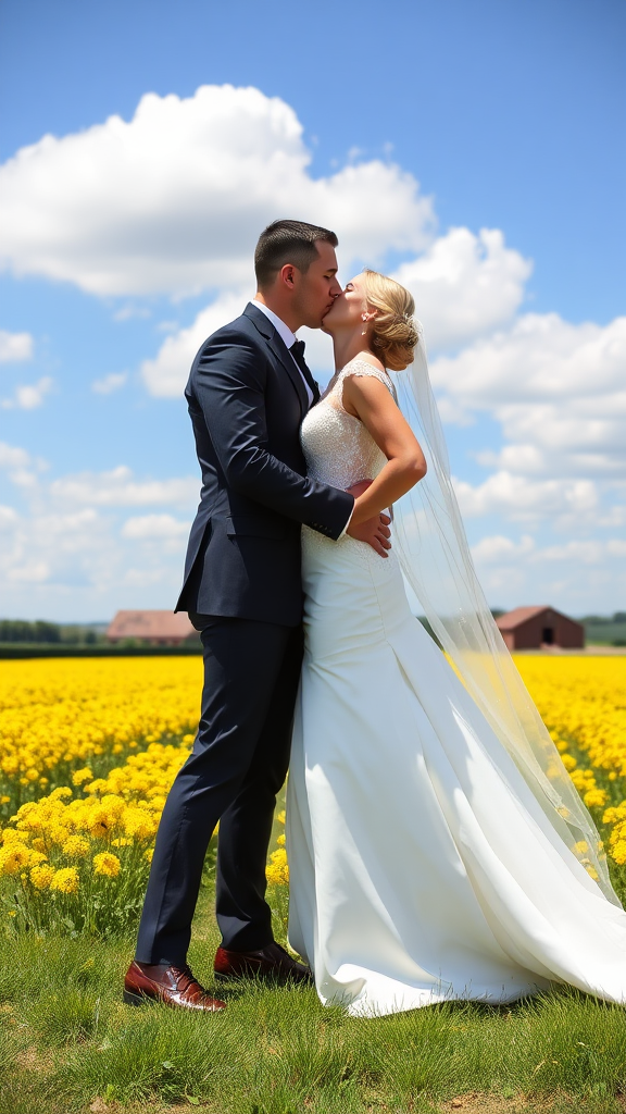 Bride and groom dressed elegantly, she in heels and he in patent leather shoes, he passionately kisses the bride, in the background a large field of rapeseed, a farmhouse in the background, blue sky with white clouds.