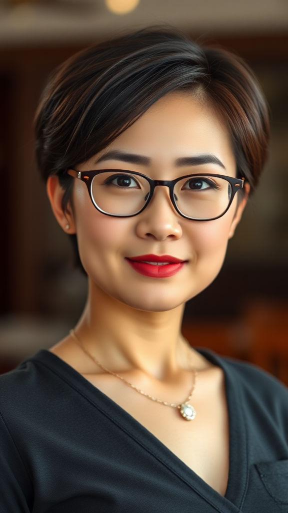 A beautiful Chinese woman, 30 years old, with short hair, wearing glasses, full-figured, with a small chest.