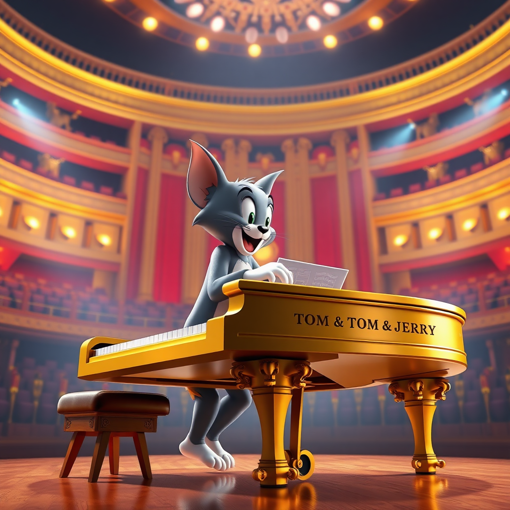 Tom from Tom & Jerry is playing on a golden grand piano in a giant concert hall in real 3D.