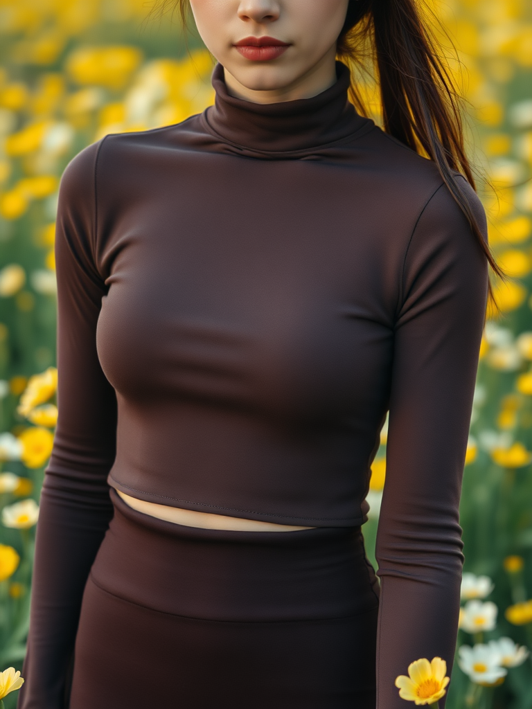 A slim girl in dark brown turtleneck crop top and dark brown body tight skirt, yellow white petals flowers field, closeup shot, slim model face,