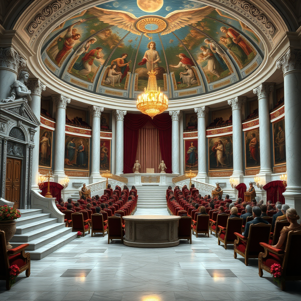 The Auction House at the Sanctuary of Serenity is a prominent building located at the center of the Sanctuary grounds, distinct from the training halls and living quarters. A wide stone path leads to its ornate double doors, which are decorated with silver and mother-of-pearl. The façade features intricate carvings depicting the history of Omegas.

Inside, the grand foyer has polished marble floors and white alabaster pillars supporting a vaulted ceiling painted with frescoes of famous Omega pairings. Beyond the foyer is the main auction chamber, a large circular room with ascending rows of plush seating made from velvet and mahogany, all facing the central platform known as the Dais of Pairing. This platform is illuminated by a chandelier that casts a golden light over the chamber.

The Dais of Pairing is the focal point of the Auction House, where Omegas present themselves to prospective Alphas. The Dais is finely crafted with silver-gilded edges. The chamber doors close with a resonant thud as the auction begins, with Matron Serenity addressing the gathered Alphas and guests from a podium next to the Dais.