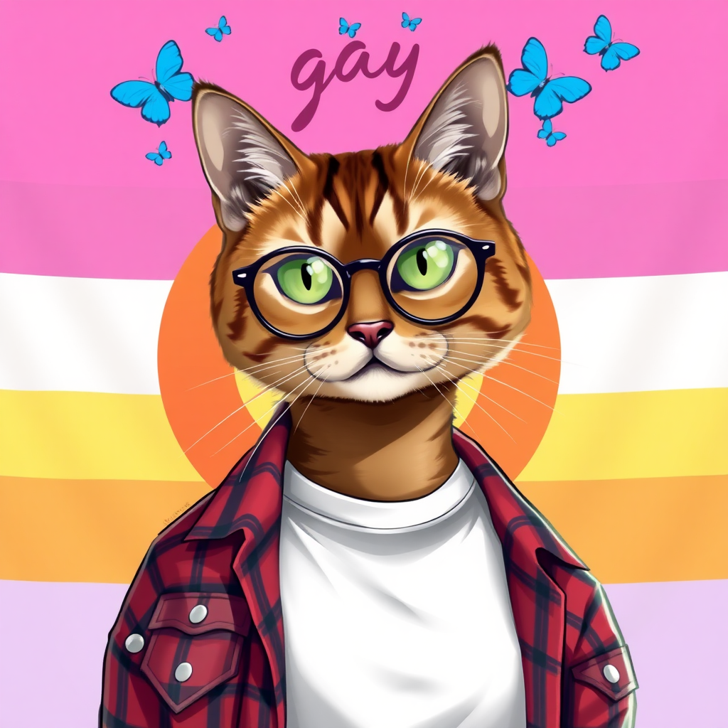 female cat-man brown color with, behind, a flag with horizontal stripes pink/light pink/white/light orange/orange, colors in order with "gay" written in calligraphy with small blue butterflies above, wearing semi-round glasses, an open red and black plaid shirt with a white t-shirt, in digital art