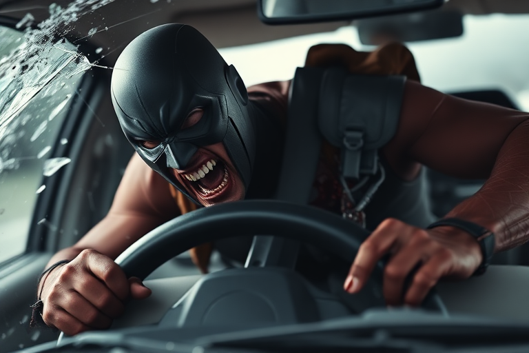 Realistic. Masked Superhero in car crash, propelled forward with tortured face as impact sends superhero violently over steering wheel and out through windshield of car and out over hood of car. Much blood and glass flying. Mask being torn from face by breaking windshield.