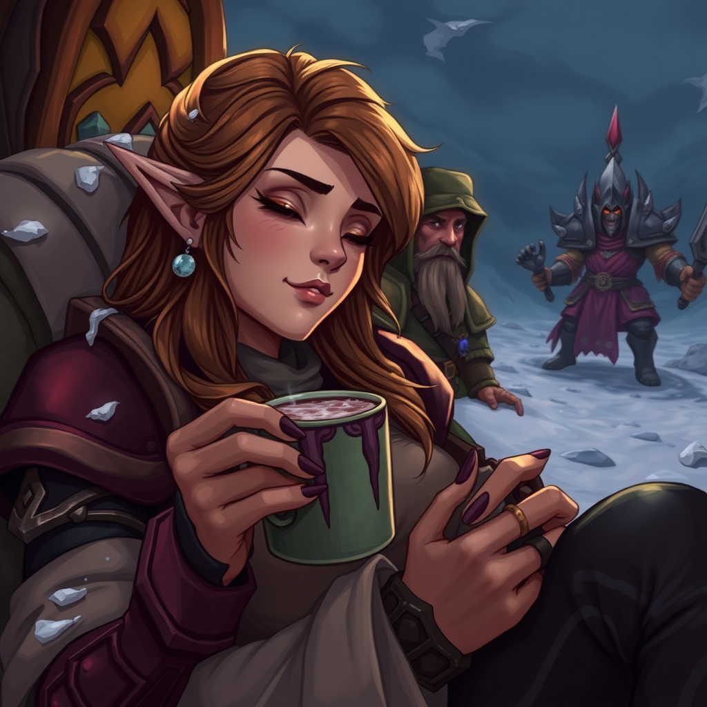 A female World Of Warcraft character relaxing after a grueling raid with a nice cup of hot chocolate. Her guild team is nearby. The defeated raid boss is in the far distance.