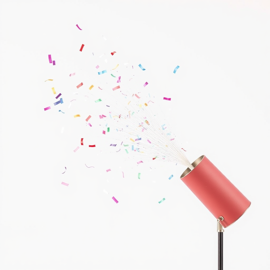 party popper shooting confetti into the air, at an angle, white background, realistic, beautiful