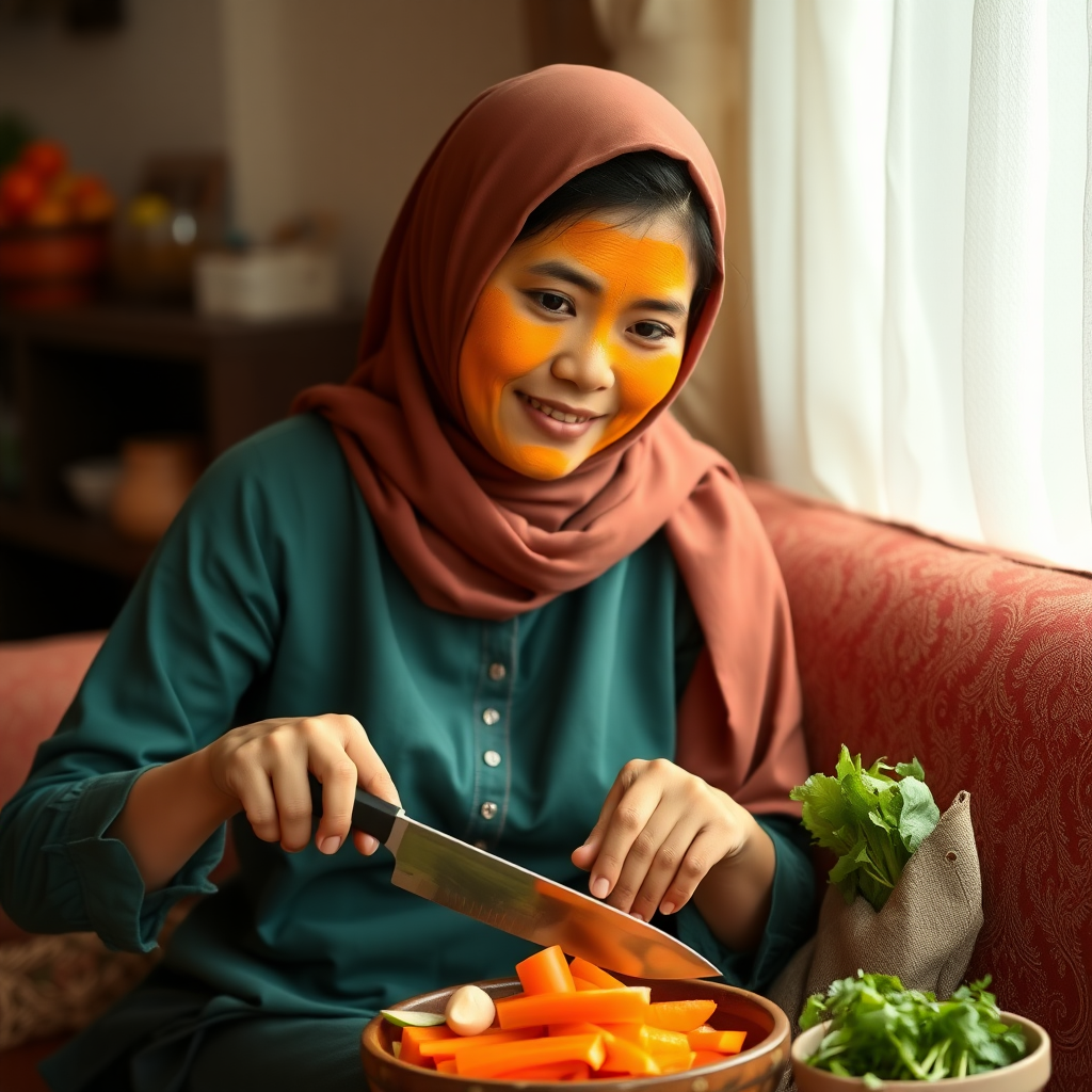 slim, 30 year old, chinese maid with short hijab, turmeric paste on her face. she is sitting on a sofa and cutting vegetables