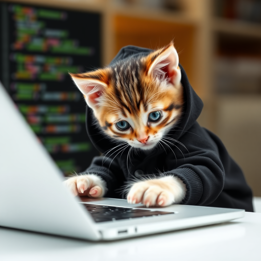 a kitten wearing a tiny black hoodie with the hood on their head coding a program on a laptop