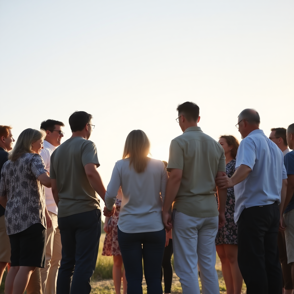 A group of men and women standing in a circle. Everyone is holding hands with each neighbor. In the background, there is the sun.