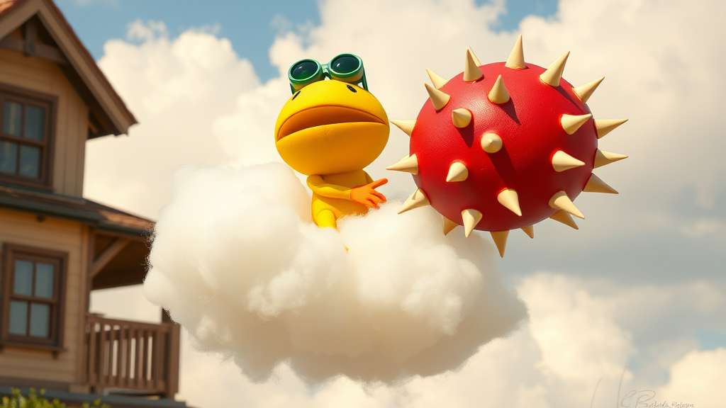 Exterior. Day. A round yellow puppet-looking creature with green goggles riding a puffy white cloud. It throws a round red ball with large ivory spikes.