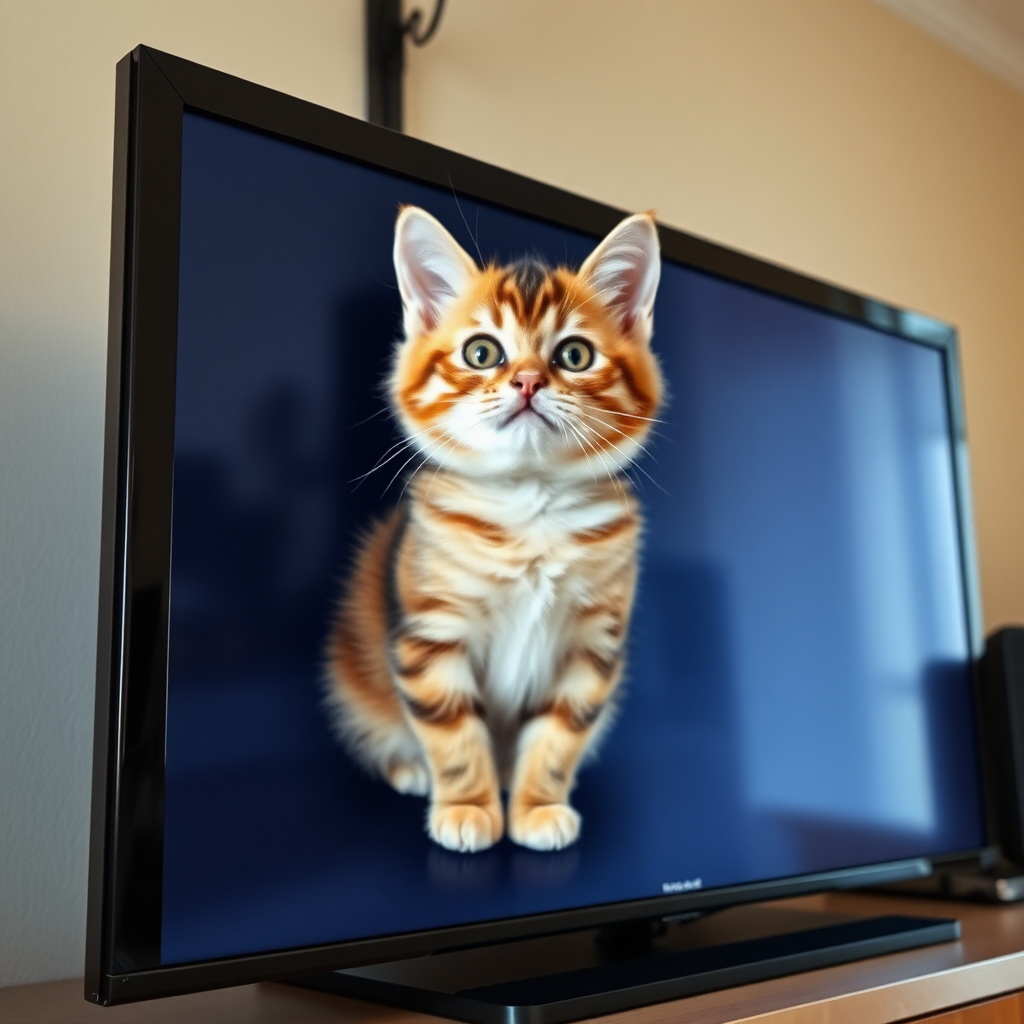 A chubby little cat in a large LCD TV screen, so cute!