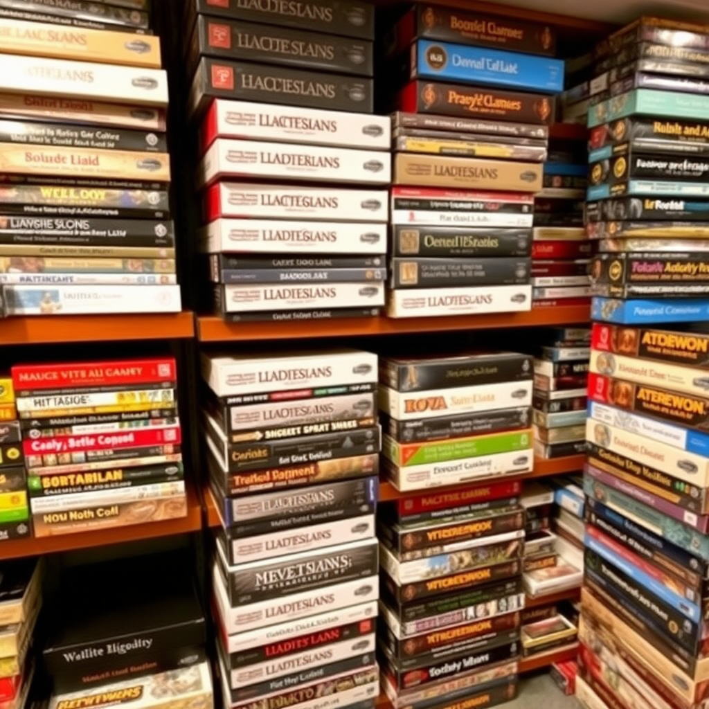 Shot of multiple shelves stacked with board game boxes vertically and horizontally, at least 300 boxes, taken at a distance. The boxes have multiple colors and sizes. Avoid boxes with black color.