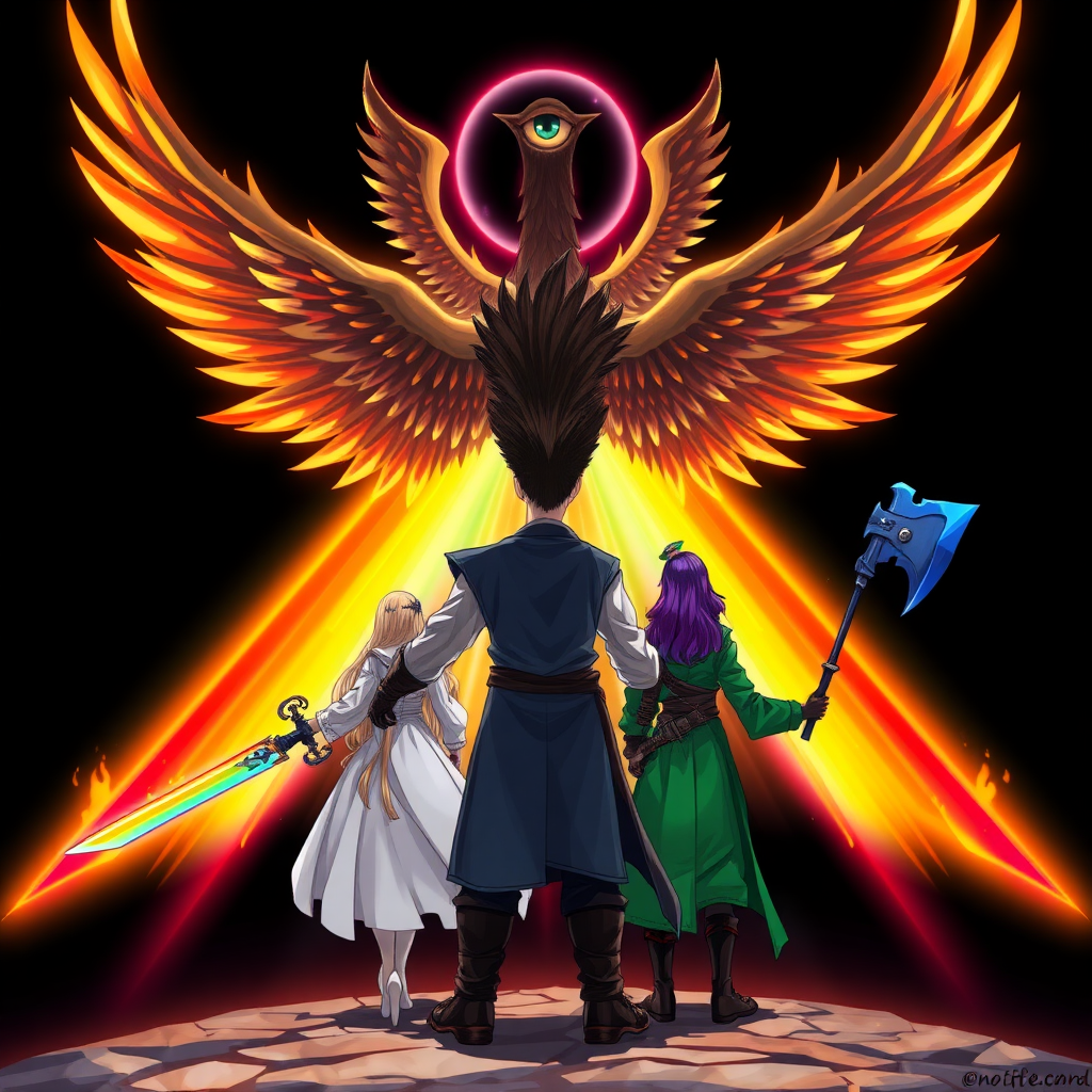 (Anime-styled art) Set against a dark black backdrop, a radiant, rainbow-like barrier shimmers with vibrant hues, illuminating the scene. At the center, a massive entity looms—an unsettling yet angelic figure with a single, malevolent eyeball. Its four wings are spread wide, and its gaze is fixed downward. In the foreground, the badass backside view of a warrior with dark brown fohawk hair stands confidently, gripping a rainbow-colored flaming sword. Alongside him, three others stand ready backside: a mage with long blonde hair in flowing white robes, a fierce purple-haired warrior wielding a massive blue axe backside, and a woman with striking green hair and green-robes, completing the team as they face the menacing presence.