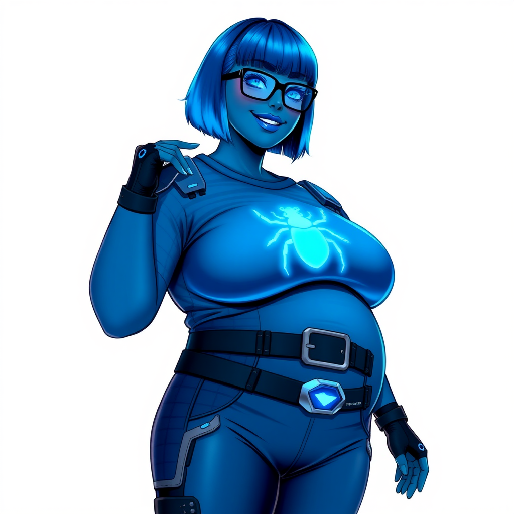 A 28-year-old, full-figured, deep metallic dark blue (5PB 4/10) skinned computer program hybrid with a maximum blue bob cut. She has a non-athletic build, highlighted by a prominent, round, large midsection (with full emphasis on her large belly), which shows the effects of her new love of junk food acquired from her link with her boyfriend. As the full-figured, nerdy, digital sidekick to her cyberpunk vigilante boyfriend, her metallic deep dark blue skin and maximum blue lipstick (5PB 5/12) emphasize her digital nature. Her skin has a subtle, animated glow, with digital patterns occasionally flickering across it, making her digital nature obvious. She wears a digital, computerized costume, consisting of a huge, tight-fitting, maximum blue t-shirt (5PB 5/12) with a neon glowing blue chest icon of a beetle, hi-tech shoulder pads with neon blue accents, a black hi-tech belt with a digital neon blue glowing buckle, digital maximum blue biker pants (5PB 5/12) with neon blue accents, and black hi-tech fingerless biker gloves with neon blue glowing accents. Her neon blue glowing eyes, black eyeglasses with neon blue glowing lenses equipped with a built-in HUD, and bashful smile with neon red blush accentuate her nerdiness. She stands bashfully with one hand behind her back and the other hand gently touching her cheek, her costume covering all her skin and fully emphasizing her full-figured physique (especially her large belly). She is clearly non-athletic, with a full focus on her full-figured physique. Despite her build, she radiates beauty. She has a slim face compared to her physique, accentuating her radiant beauty. She is on a solid white background. She is drawn as if she were in a retro 2D cyberpunk fighting game.