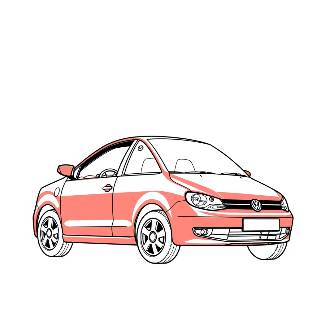 red vw polo II car, driver's door wide open, long establishing shot, 2D, caricature, cartoon, Sketch lines, coloring book, coloring book style on white background, well composed, clean coloring book page, No dither, no gradient, strong outline, No fill, No solids, vector illustration, realistic proportions, blueprint, left side view