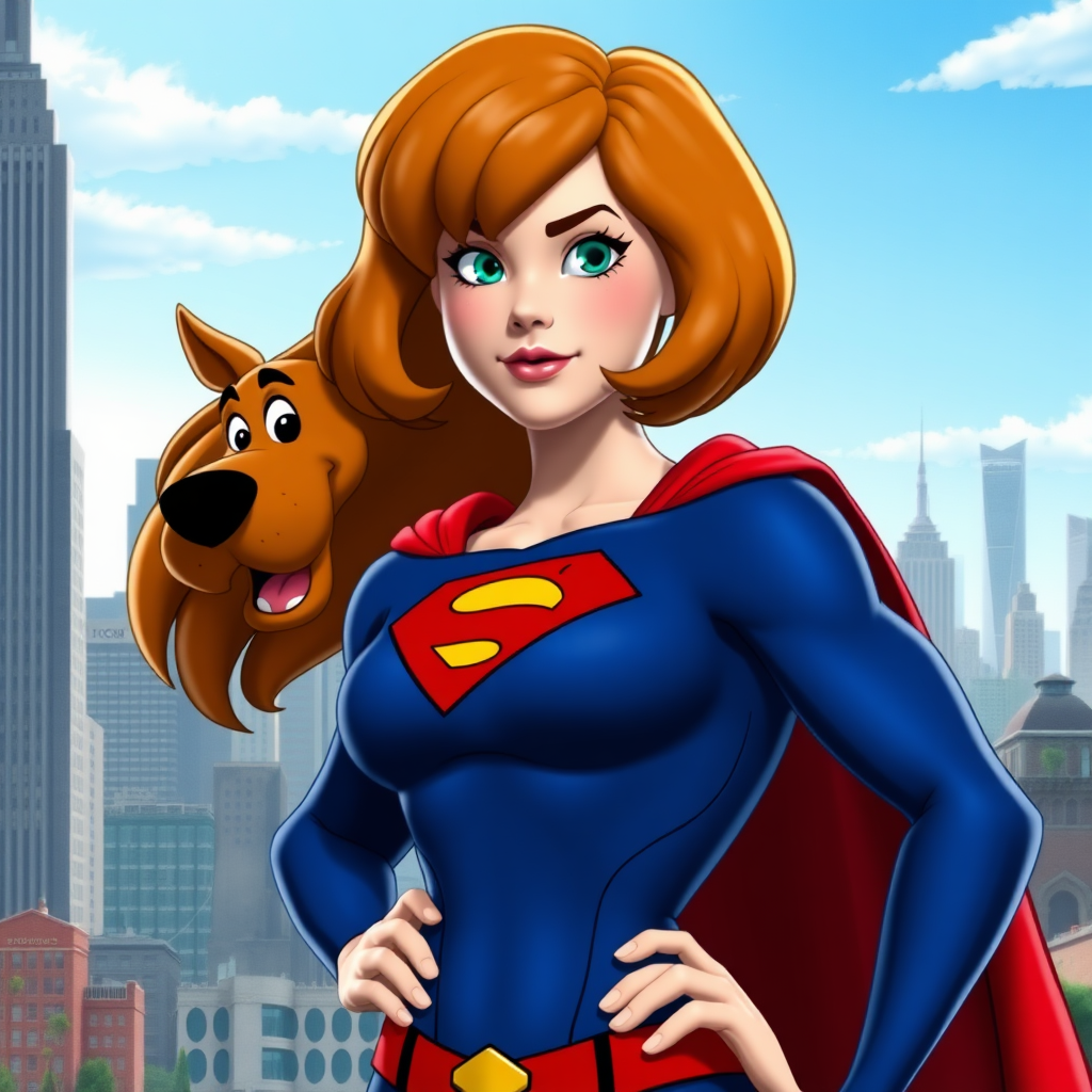 Generate a full-length rendered image of a hybrid character featuring Velma Dinkley’s head and hair, combined with Superman’s muscular body. Retain Velma’s face while altering her costume to fit Superman’s proportions, ensuring it remains distinctive without blending styles. The background should reflect a fusion of the Mystery Inc. world and Metropolis, showcasing elements like a bustling city skyline alongside iconic Scooby-Doo scenery. Use vibrant colors and detailed textures to highlight the contrast between the characters’ universes.