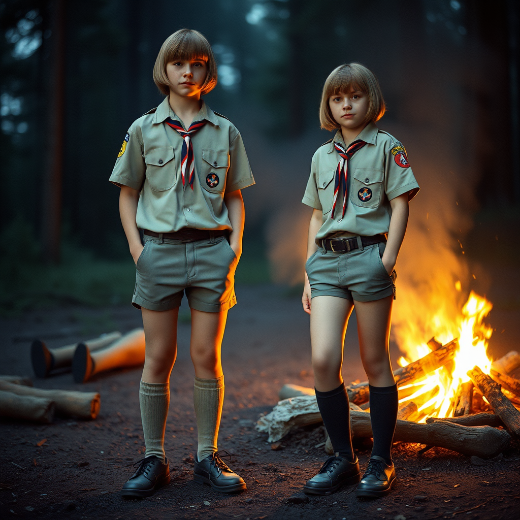 two tall 14yo teen boys, long bob cut, wearing American boy scout uniform with uniform matching very tight booty shorts, tube socks, shoes, long legs, narrow thighs. a campfire. full-length view. 1980s. photorealistic, ultra high resolution, 16K, Negative: grainy, blurry, bad anatomy, extra limbs, watermark.