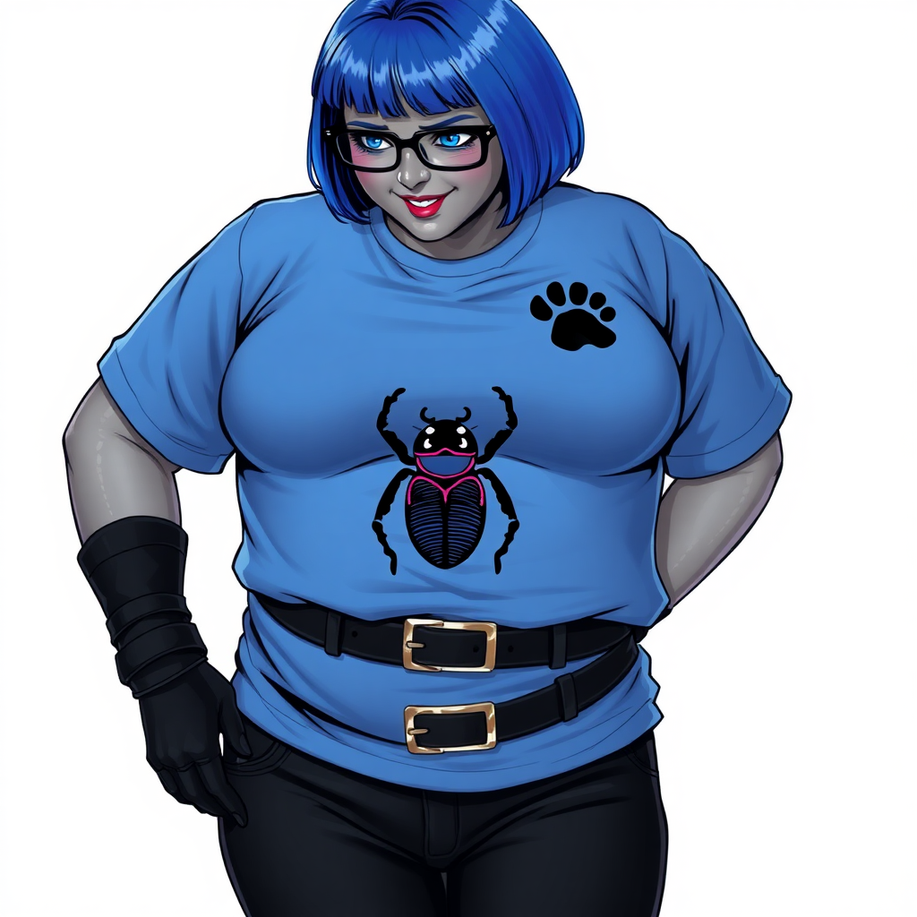 A 28-year-old, full-figured, metallic middle gray skinned computer program hybrid with a short maximum blue bob cut. She has a non-athletic build, highlighted by a prominent, round midsection (with a focus on her round belly). As a digital sidekick to her cyberpunk vigilante boyfriend, her middle gray metallic skin and maximum blue lipstick emphasize her digital nature. She wears a huge, tight-fitting, maximum blue t-shirt (accentuating her belly) with a black chest icon of a beetle on its chest, black pants, a black belt with a sapphire scarab buckle, and black gloves. Her bright blue eyes, black eyeglasses, and shy smile with neon red blush accentuate her nerdiness. She bashfully bows her head (while still facing the screen) with her hands behind her back, her t-shirt covers her midsection (especially her belly) and emphasizing her full-figured, non-athletic physique. She is on a solid white background. She is drawn as if she was in a retro 2D cyberpunk fighting game. She is clearly non-athletic, with a focus on her full figure. Make sure her outfit covers all of her bare skin (especially her midsection).