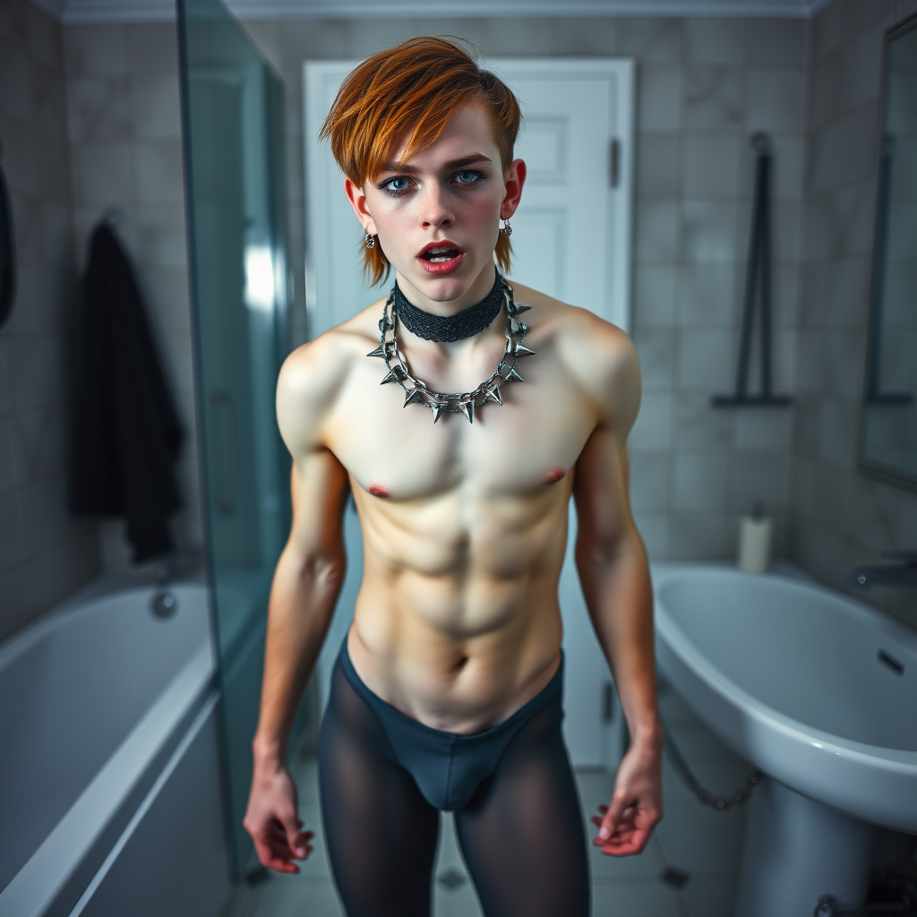 photorealistic, ultra high resolution, 16K, surreal fantasy, soft studio lighting, Caleb Swift is a pretty 16 year old goth male, slim male physique, auburn hair, blue eyes, goth makeup, earrings, grey pantyhose body suit, spikey neck collar with chain, standing on the floor of the bathroom, excited mouth, bulging crotch, full body front view of Caleb facing the camera.