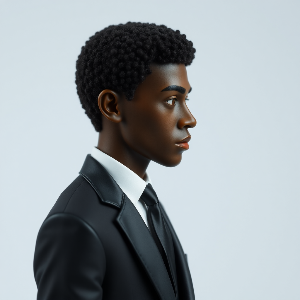 Model of a black man in profile, dressed in an elegant suit, long trousers, patent shoes, very short curly hair, oval face, small nose, brown eyes, thin lips, normal attached ears, slight double chin, Mediterranean complexion, very thin brown eyebrows, fair skin.