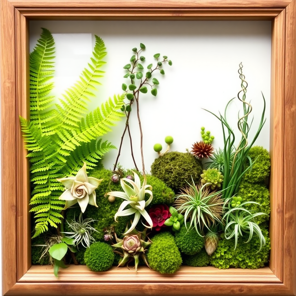 A picture frame is filled with ferns, laid-out moss, and air plants.