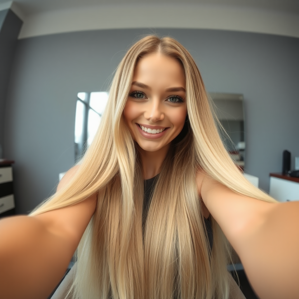 POV, beautiful very long haired blonde woman sitting in a hair salon smiling at the camera while I reach out from behind the camera to spread out her hair to display it to the camera. Plain gray background.