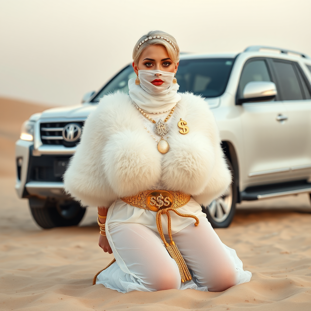 Kuwait desert dunes misty dawn, full size luxury SUV: Melissa, European 17 years old very convincing femboy “trophy-bimbo”, tamed servile docile, very beautiful feminine flawless face, rather short, by hormones very curvaceous womanly figured, platinum blond short tight curls, bold red lips, heavily made-up face, wearing Supertanya-style fluffy very fuzzy bright white angora turtleneck-poncho cropped ending under bust decorated with pearls and gemstones, striking oriental wide gold bridal protection belt, white fully transparent harem pants, full Oriental bridal jewelry including headpiece, white transparent harem-style alluring face veil covering noose and mouth, coin anklets, striking diamond “$$$” letter brooch on left chest, pout frustrated, hands tied behind back, kneeling in sand in front of SUV, looking at camera. Focus on face and turtleneck-poncho.