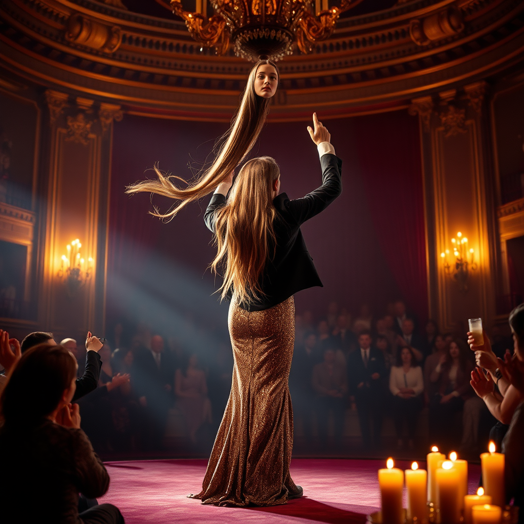 In a grand, opulent theater bathed in soft, ethereal lighting, a mesmerizing stage captures the audience's rapt attention. The atmosphere is thick with anticipation, as a beautifully adorned female magic assistant stands poised in the spotlight. Her incredibly long, flowing hair cascades down her back like a shimmering waterfall, catching the light and reflecting shades of gold and copper. Dressed in a fitted, sequined gown that sparkles with every movement, she exudes both elegance and an air of mystique.

As the magician, clad in a classic black tuxedo with a crisp white shirt and a top hat tilted at a jaunty angle, prepares to perform his illusion, the audience collectively holds their breath. The air is electric with suspense, the faint rustle of fabric and the soft gasps of onlookers creating an intimate symphony of curiosity. The magician raises his hands dramatically, and the atmosphere grows tense, heavy with a sense of the extraordinary.

With a swift, theatrical motion, he completes the trick, and to the astonishment of the crowd, the assistant appears to be beheaded—a breathtaking illusion that mixes artistry with horror. As he triumphantly grasps her long, flowing hair, the severed head is held high for all to see, the delicate features still exuding a serene grace. The audience erupts into a cacophony of shocked gasps and thrilled applause, their faces illuminated by the flickering candlelight that dances around the room, blending fear and fascination in a palpable emotional cocktail.